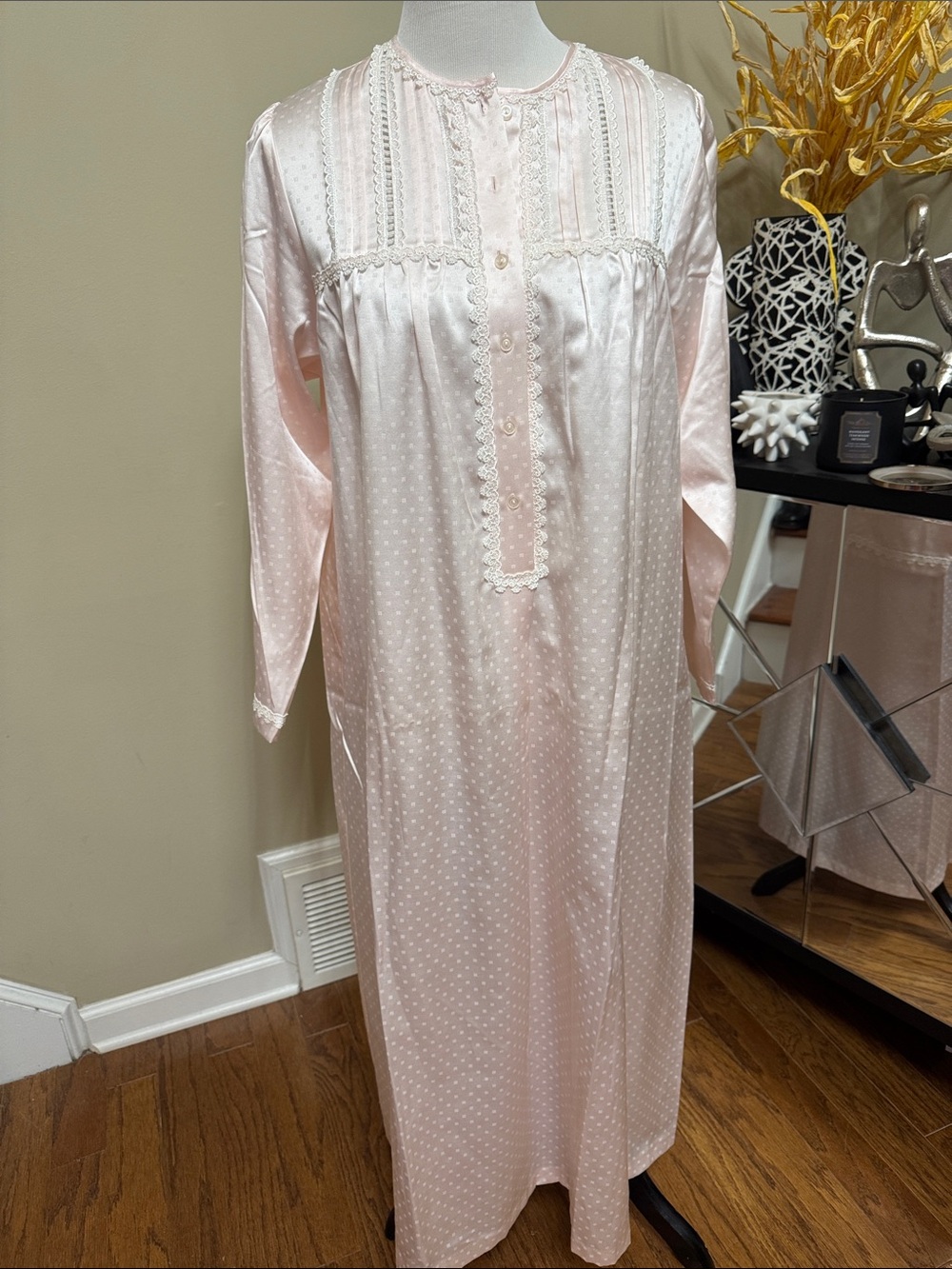 Vintage Dior Pale Blush Long Nightgown with Lace Bib Size L pre-owned.
